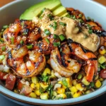 Grilled Shrimp Bowl with Avocado, Corn Salsa & Creamy Garlic Sauce
