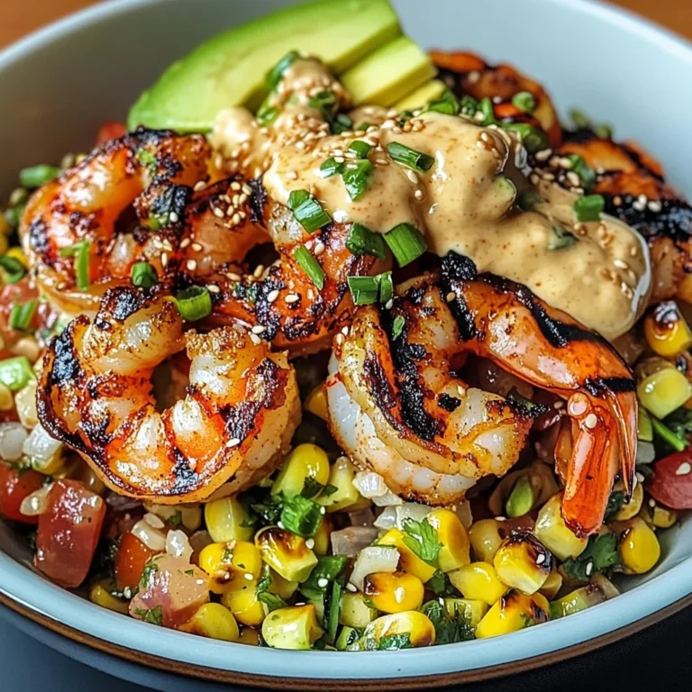 Grilled Shrimp Bowl with Avocado, Corn Salsa & Creamy Garlic Sauce
