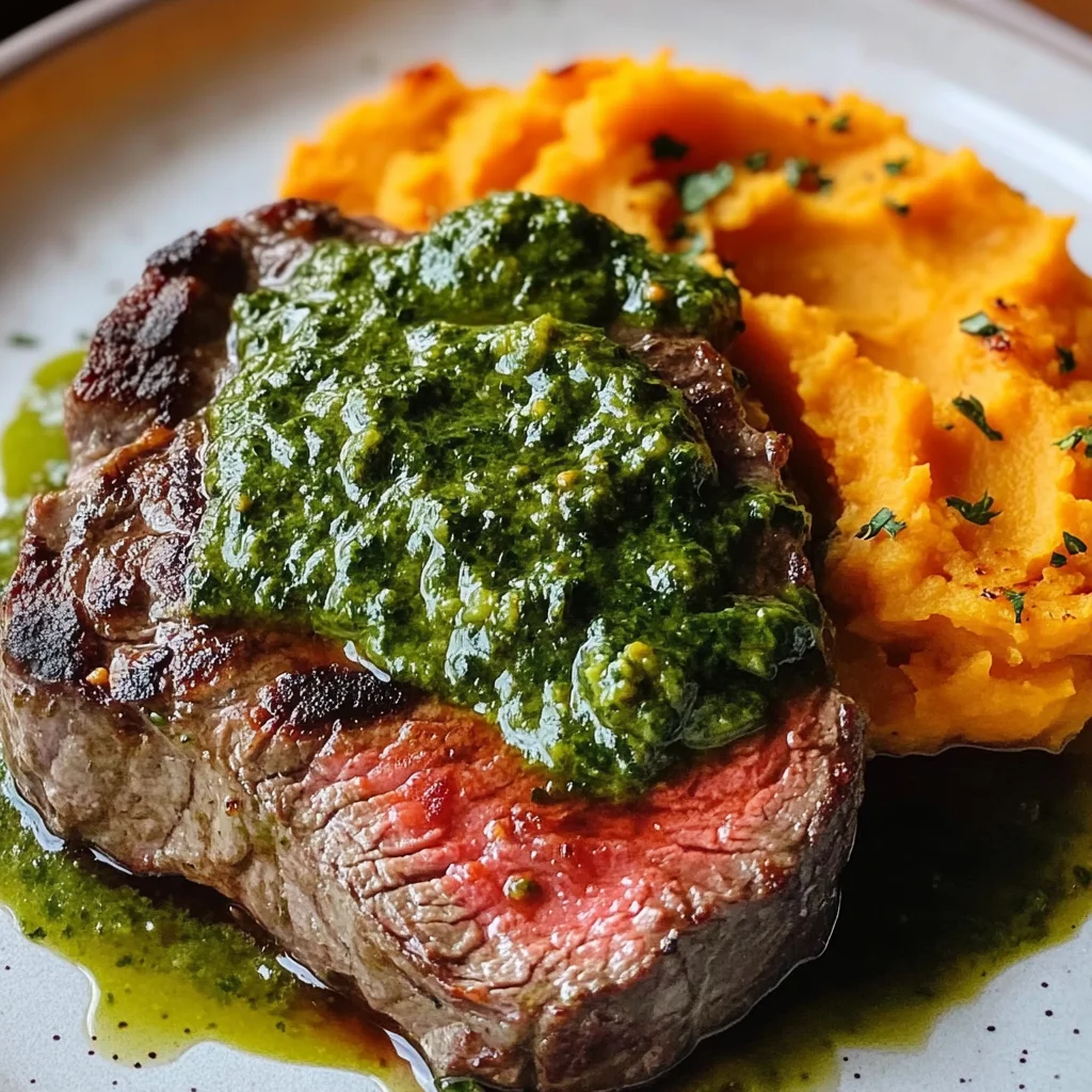 Steak with Green Sauce and Mashed Sweet Potatoes